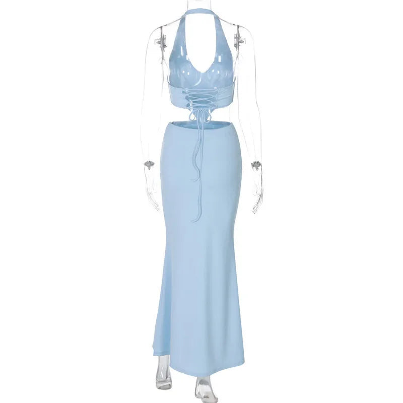 Halter Backless Blue Lace - up Maxi Dress