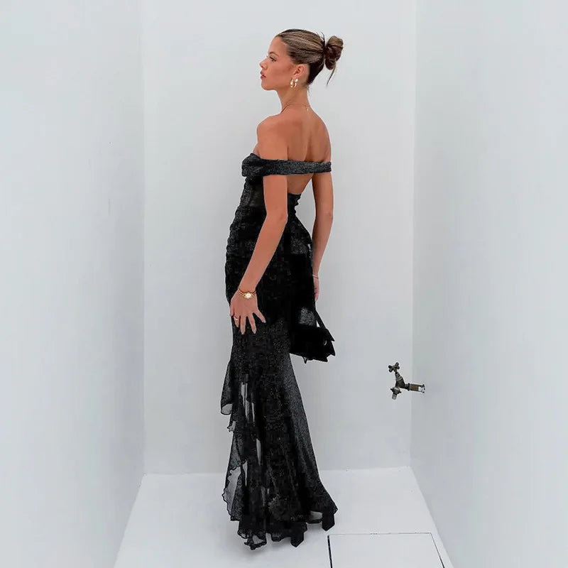 Mesh Ruffled Gray Off - shoulder Long Dress