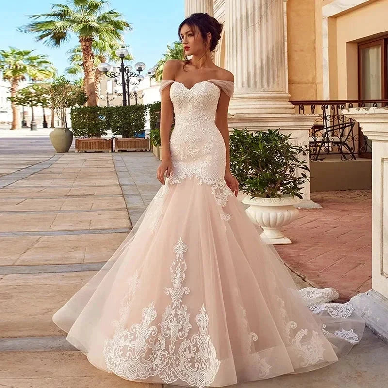 Appliques Vestido De Noiva Sexy Backless Mermaid Vestidos De Novia Off The Shoulder Lace Up Wedding Dresses Lace Robe De Mariée (ZD14076)