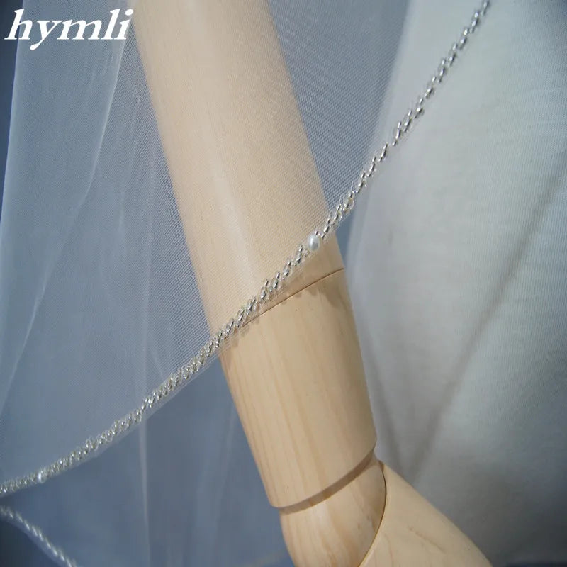 Handmade 1-Layer Beaded Veil in White , Off-White , Champagne with Metal Comb Bridal Headwear - View 4 | VelvetHem