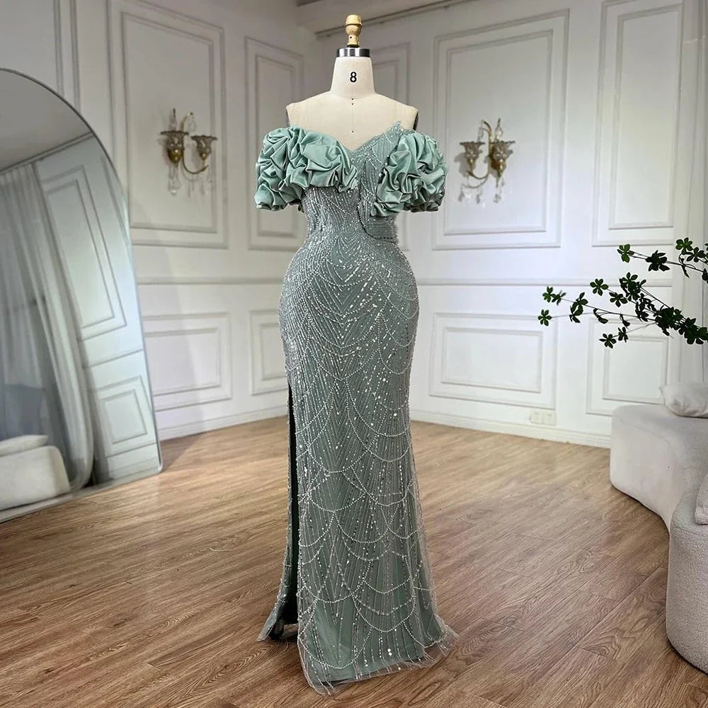Zapdress Customized Sage Green Off Shoulder Mermaid Evening Dresses 2024 Arabic Formal Gowns For Women Wedding Party (ZD17307)