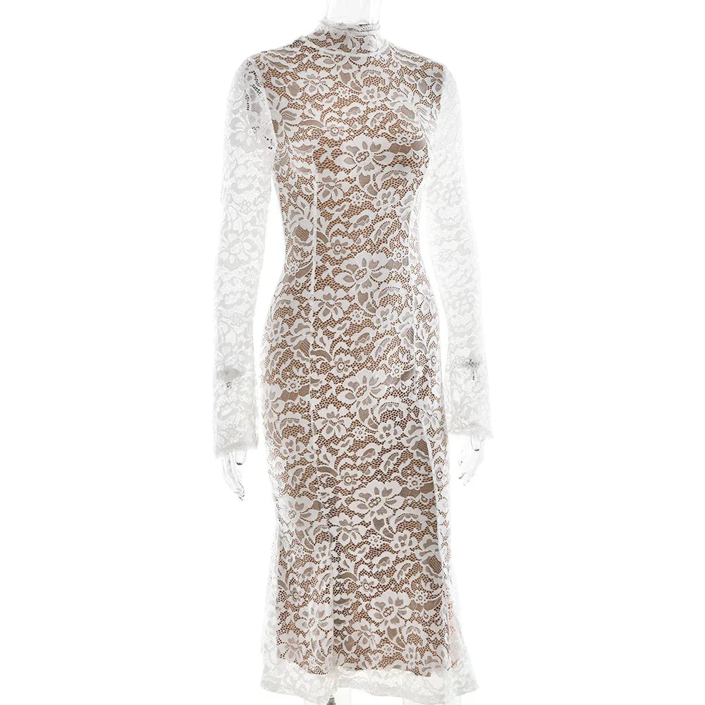 Lace White Long Sleeve Turtleneck Dress
