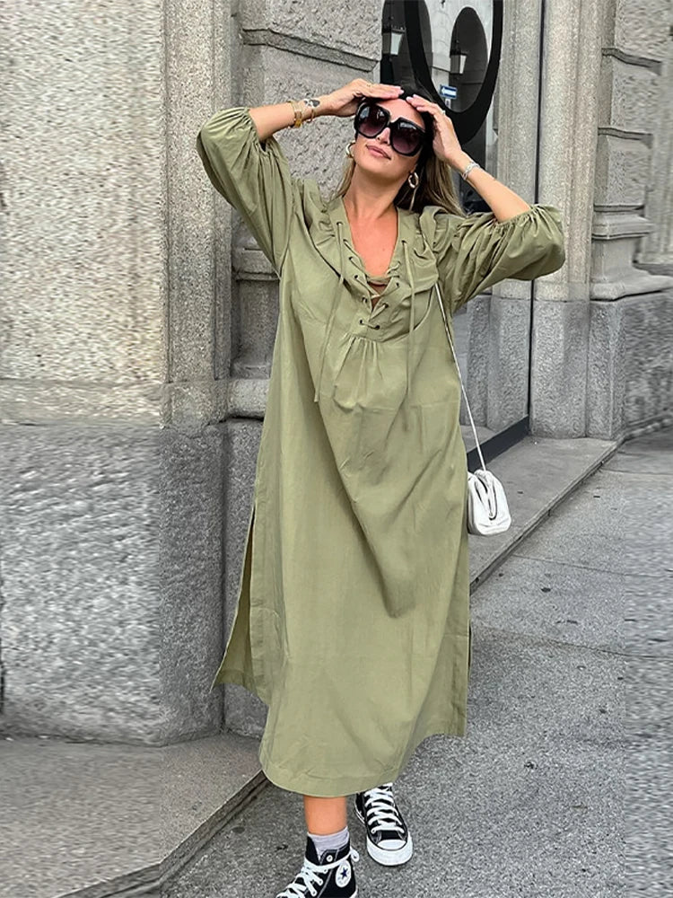 Casual Street Lace Up Long Dresses Women Chic Loose V neck Side Slit Solid Dress Female Summer Versatiel Street Party Robes