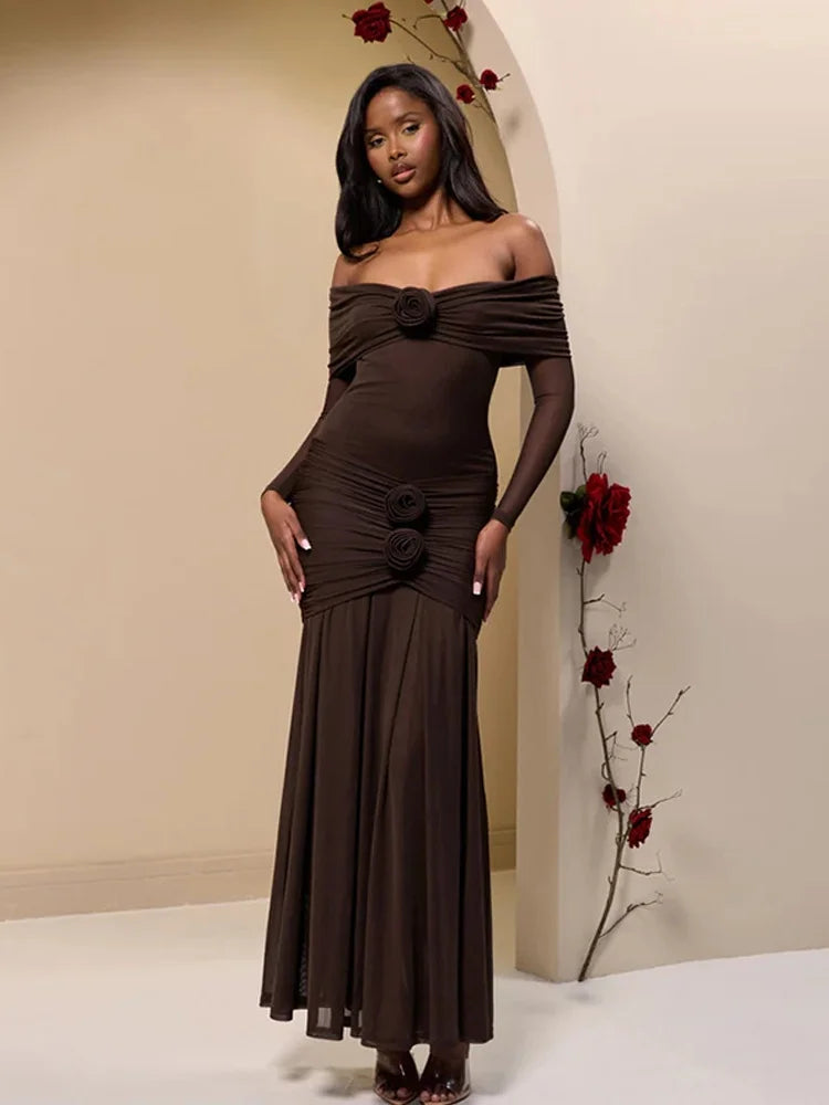 3D Flower - appliqué Mesh Long Sleeve Fishtail Maxi Dress