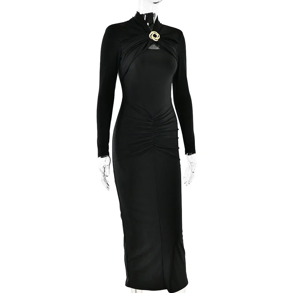 Long Sleeved Pleated Hollowed Out Maxi Dress