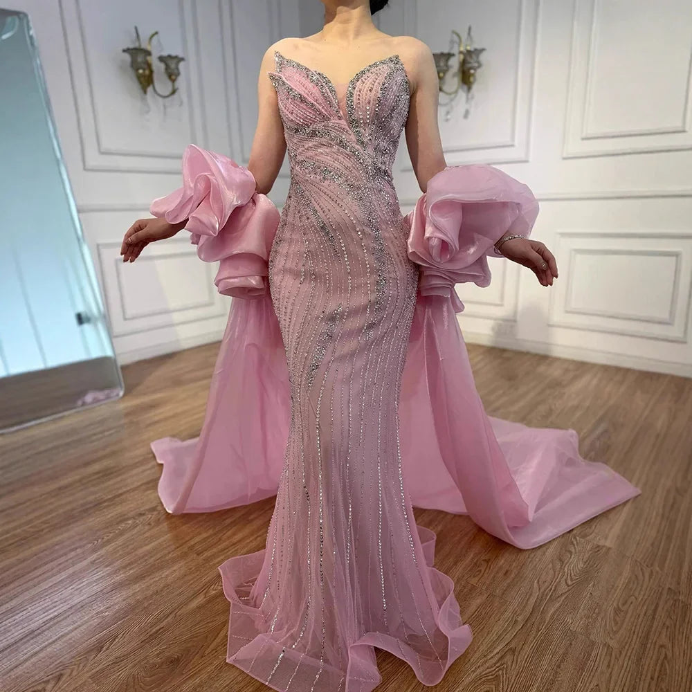 Zapdress Pink Strapless Mermaid Beaded Evening Dresses with Cape Elegant Party Gowns for Women Customized (ZD17223)