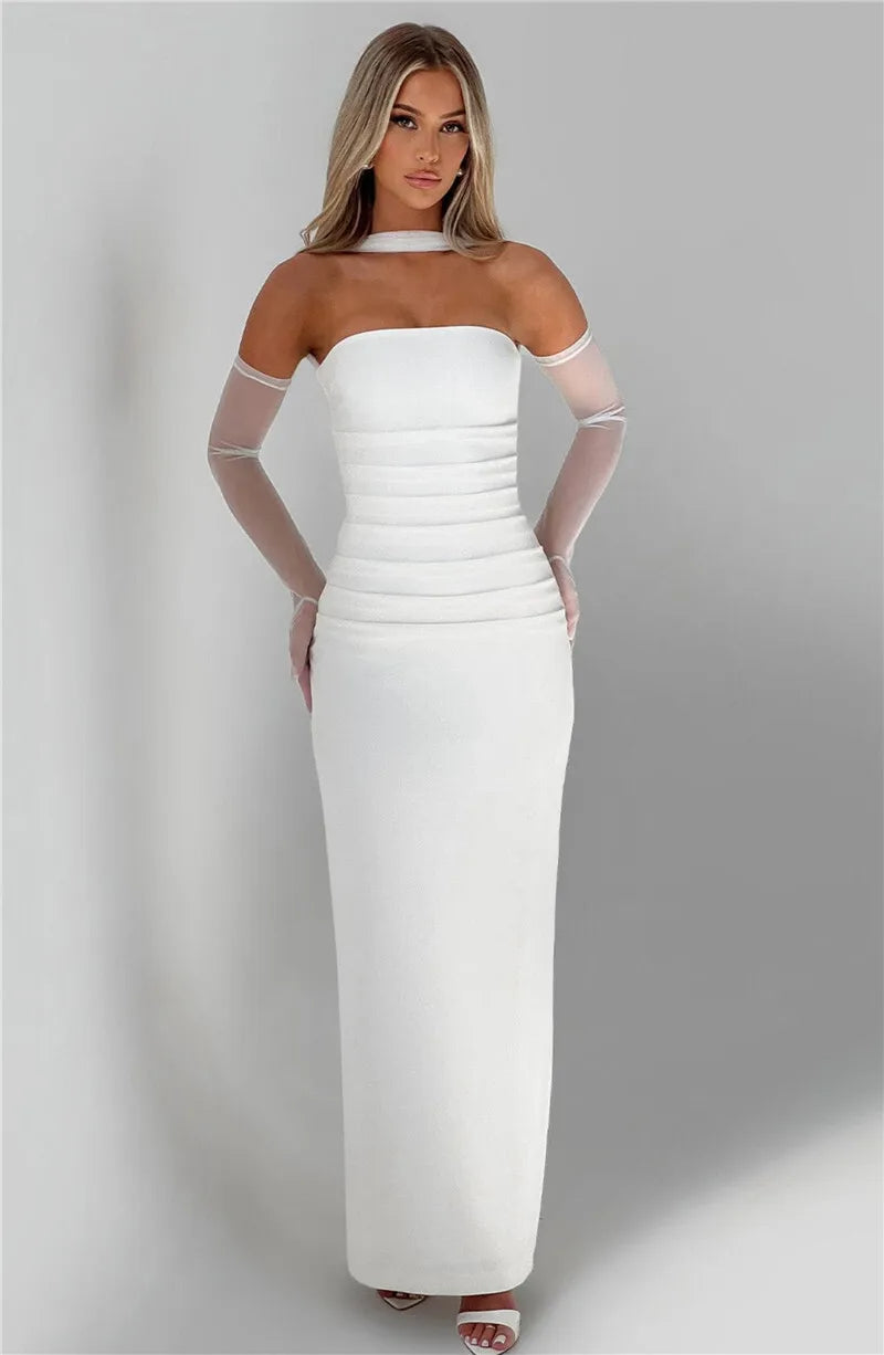 Scarf Collar Strapless Off - shoulder Long Dress