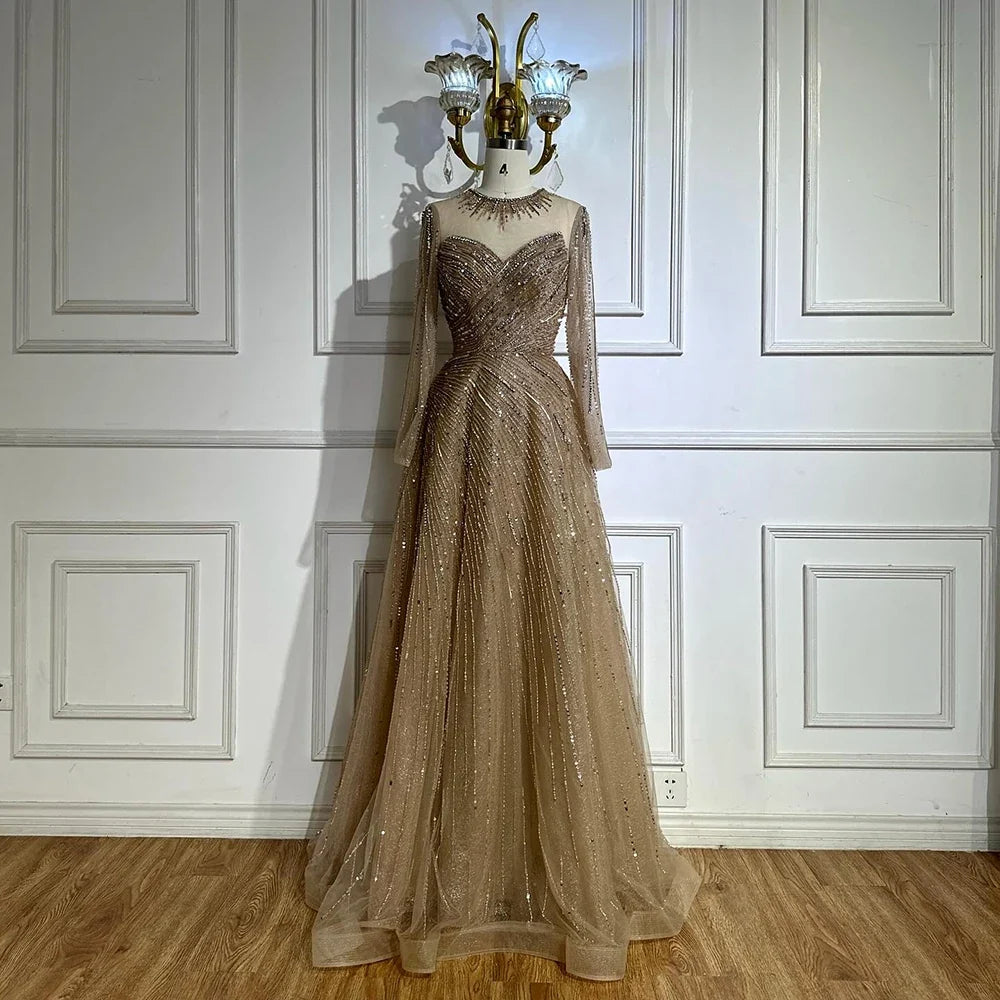 Zapdress Custoomized Caramel Evening Prom Dress 2026 Elegant Long Sleeves A-Line Arabic Muslim Formal Party Gown DLA72563A (ZD17181)