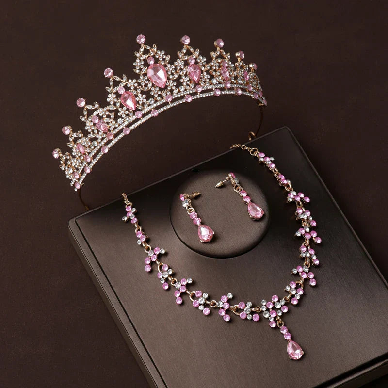 Luxury Silver Color Crystal Water Drop Bridal Jewelry Sets Rhinestone Tiaras Crown Necklace Earrings Wedding Dubai Jewelry Set TS-0003-T-XL-0018-E Tiaras