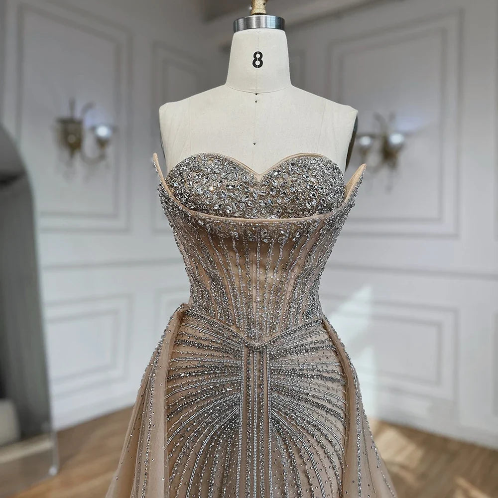 Zapdress Customized 2025 Pink Crystal Beaded Saudi Mermaid Evening Dresses Gowns with Overskirt for Formal Occasion (ZD17225)