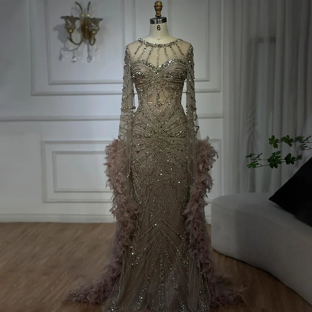 Zapdress Pink Luxury Beaded Mermaid Evening Dress Gowns with Feathers for Formal Occasion Customized DLA72708A (ZD17284)
