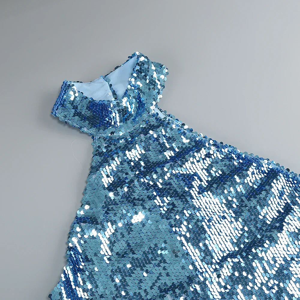 High neck bead wrapped hip skirt slit sequin dress