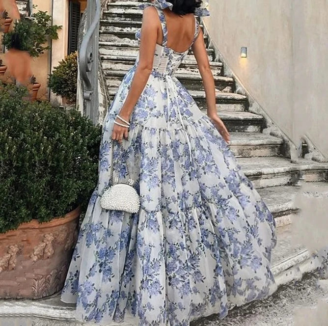 Lace - up Floral Sleeveless Swing Dress