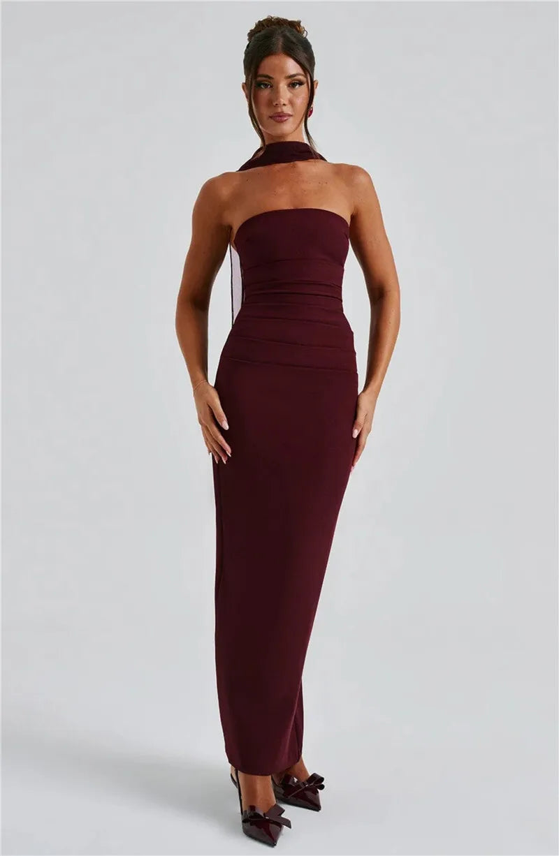 Scarf Collar Strapless Off - shoulder Long Dress