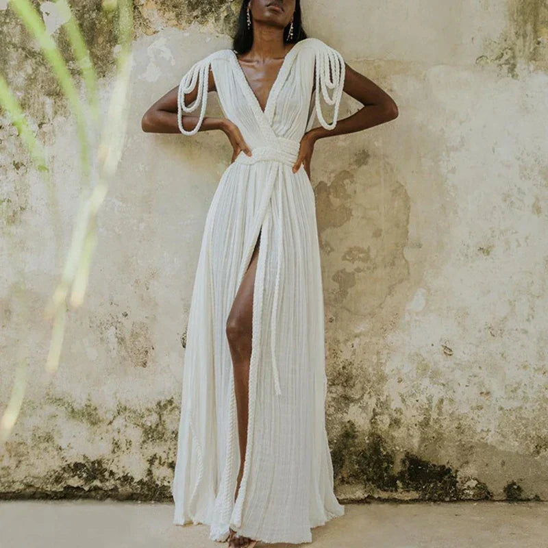 Solid Split Pleated Bandage Long Dress