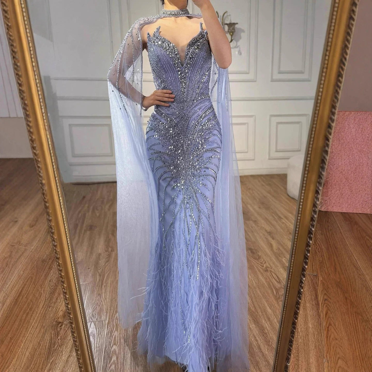 Zapdress White Nude Mermaid Evening Dresses with Cape Beaded Feathers Party Gowns for Formal Occasion Customized (ZD17198)