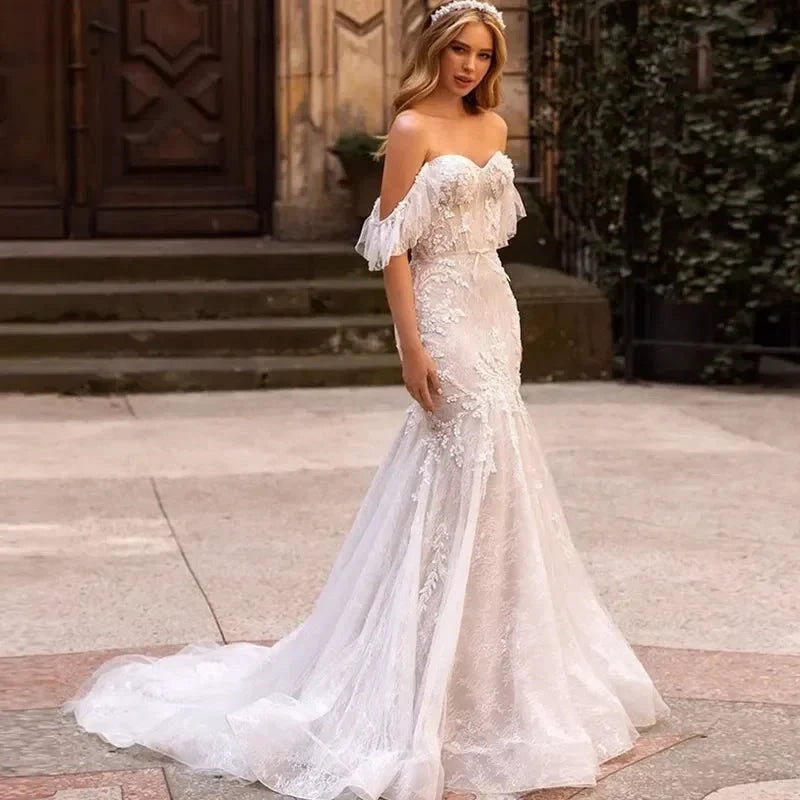 Sexy Off The Shoulder Mermaid Vestidos De Novia Appliques Vestido De Noiva Sweetheart Wedding Dresses Lace Robe De Mariée (ZD14064)