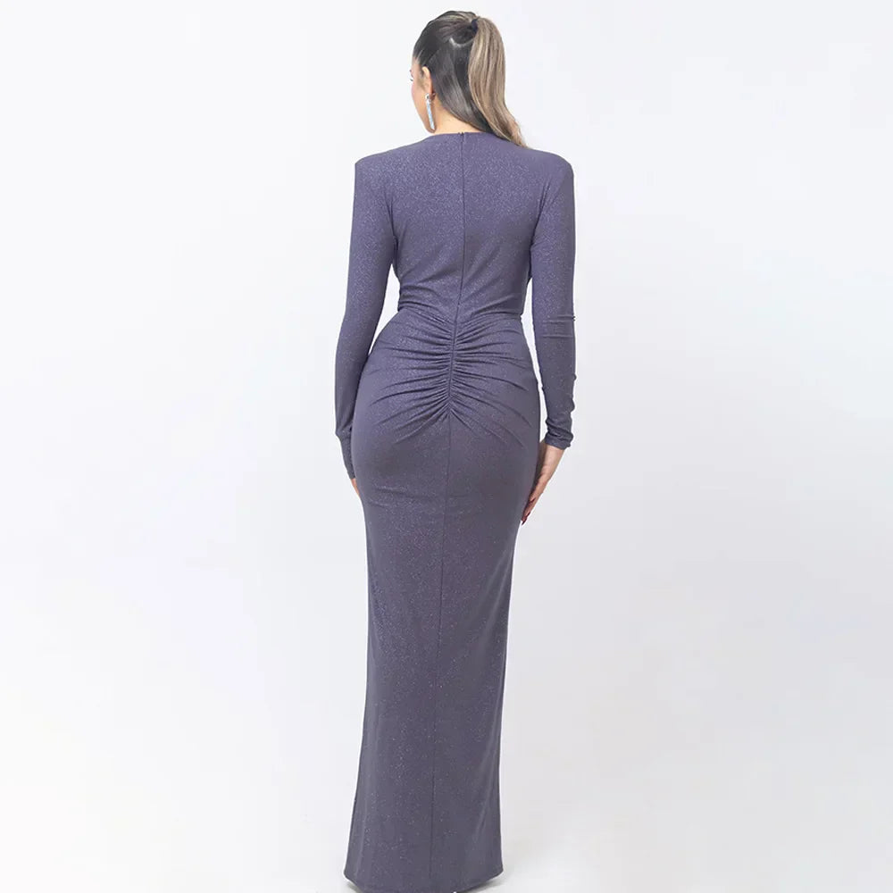 Elastic Deep V - Fold Lace Maxi Dress