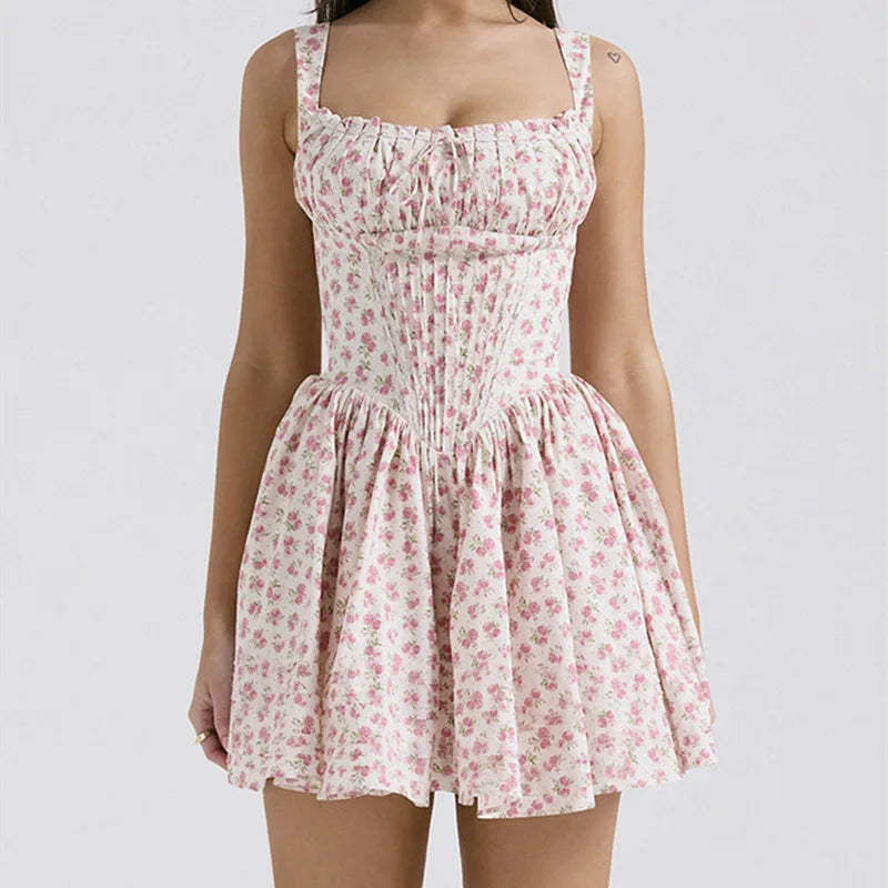 Flower Printed Open Back A - line Corset Mini Dress
