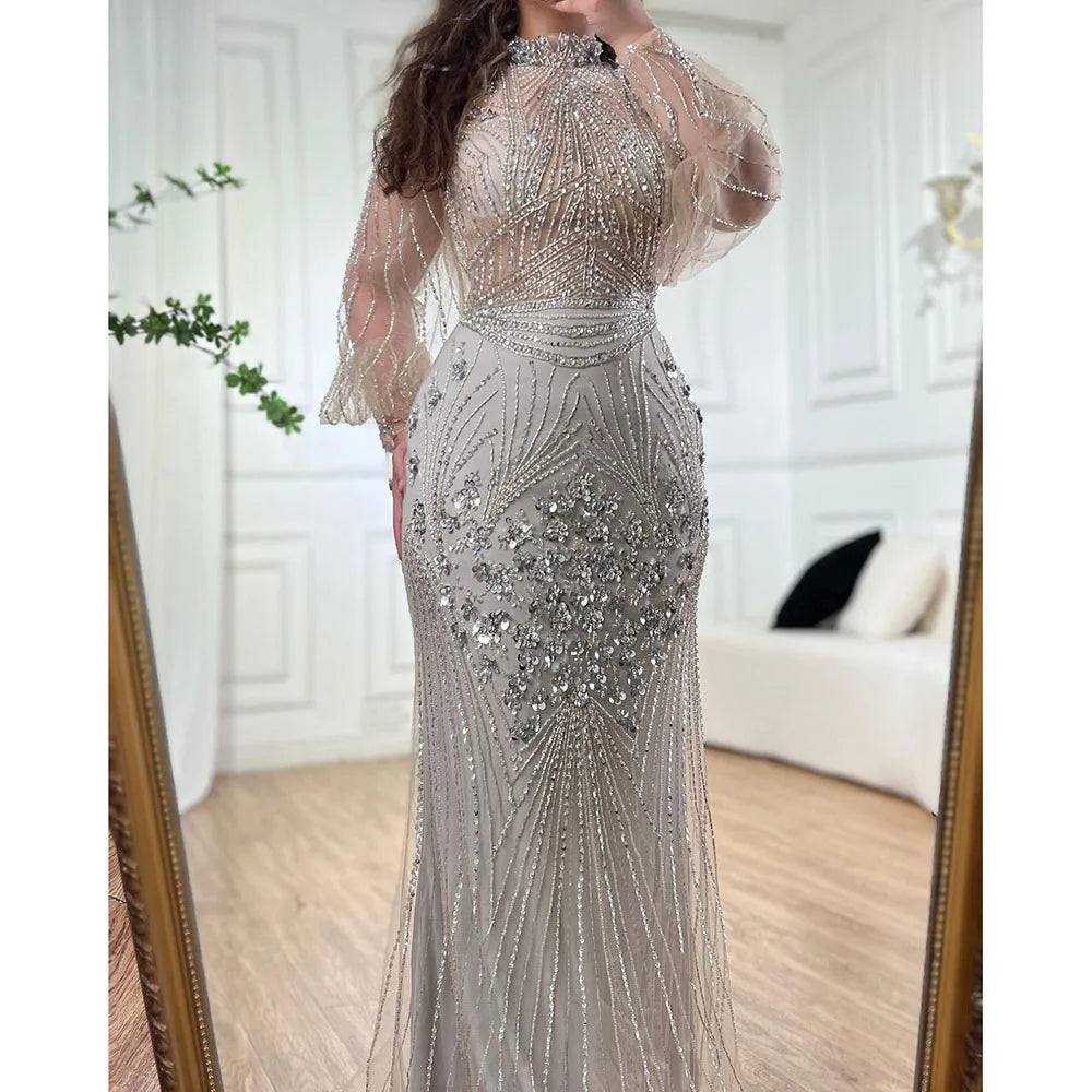 Zapdress Customized Silver Beaded Mermaid Evening Dresses 2025 Full Sleeves Elegant Party Gowns For Women (ZD17179)