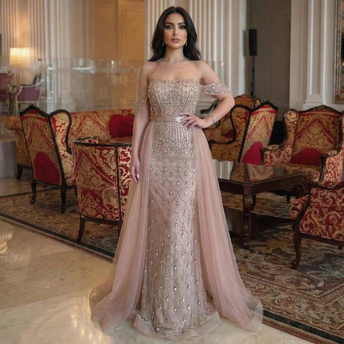 Zapdress Customized 2026 Red Off Shoulder Mermaid Beaded Overskirt Evening Dress Wedding Party Gowns for Women (ZD17316)