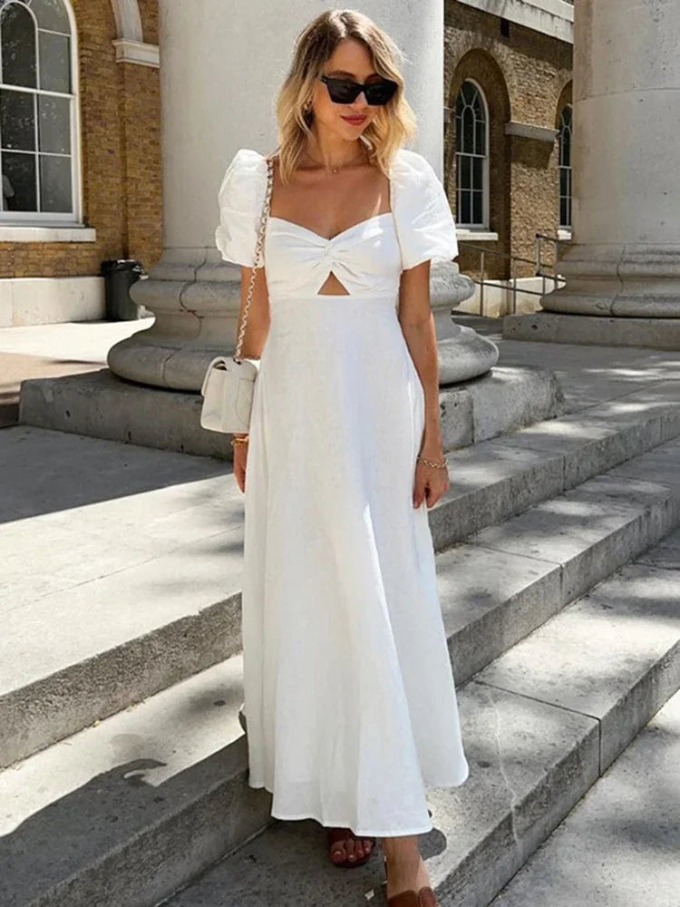 White Square Collar Puff Sleeve Long Dress For Women Slim A Line Twist Hollow Out Cotton Elegant Dresses Autumn Fashion