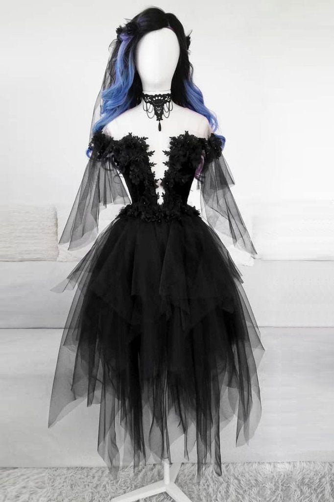 BLACK ROUND NECK TULLE LACE SHORT PROM DRESS BLACK EVENING DRESS S14739 - VelvetHem
