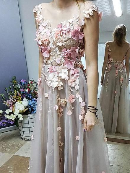 Chic A-line Scoop Floral Prom Dress Floor Length Prom Dresses Applique Evening Dresses S15604 - VelvetHem