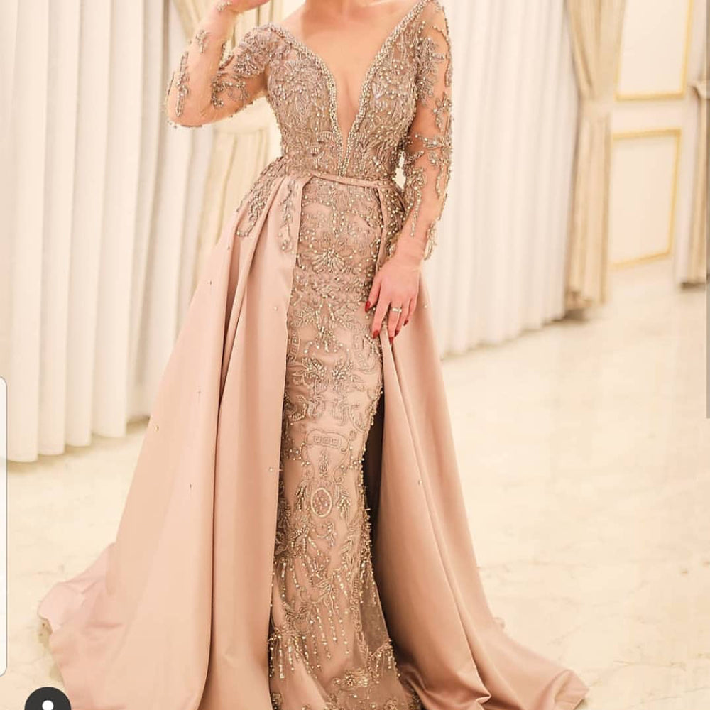 Champagne prom dresses long sleeve beading sequins detachable train crystal beading evening dresses S23375