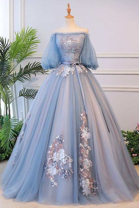 Unique blue tulle lace long prom dress blue evening dress S13770 - VelvetHem