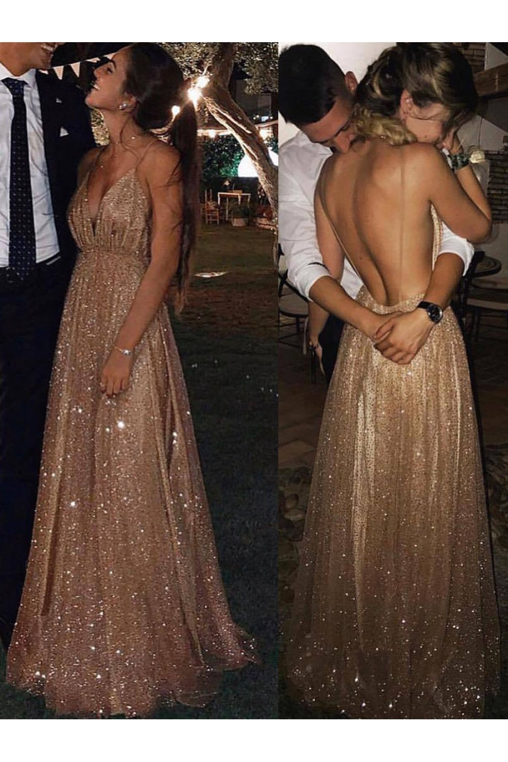 Sexy Sparkly V-Neck Long Prom Dresses Formal Evening Dresses S15692 - VelvetHem