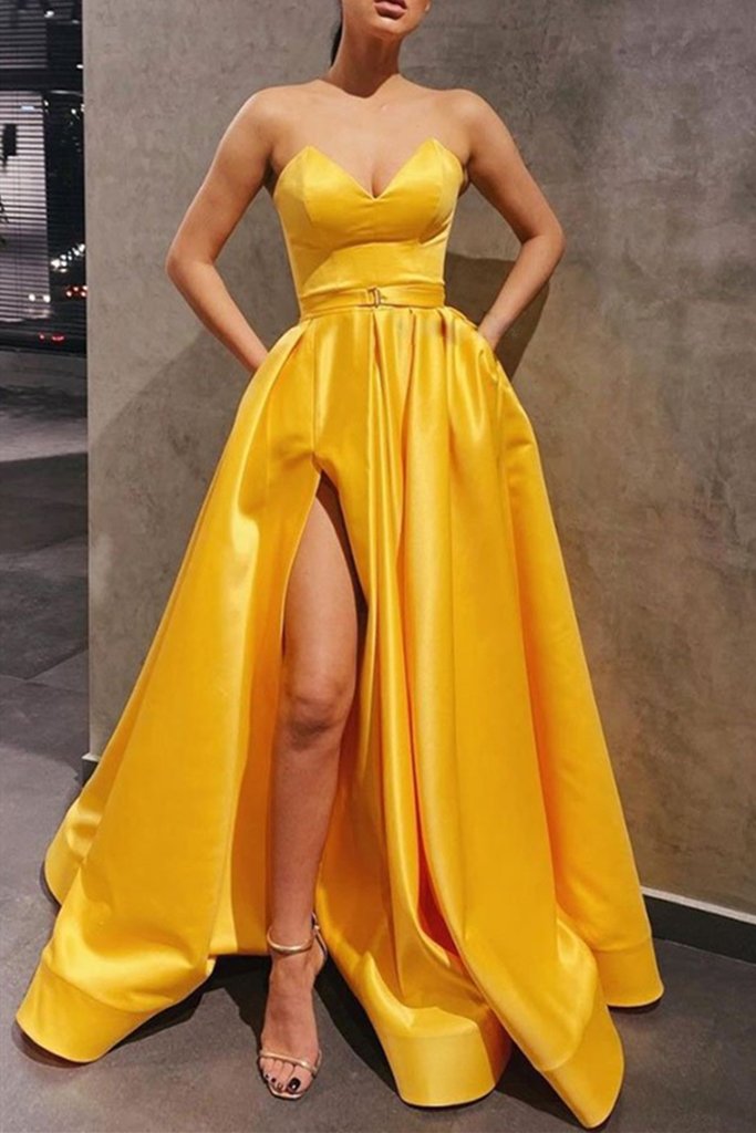 Strapless Sweetheart Neck Yellow Satin Long Prom Dress Long Yellow Formal Graduation Evening Dress with Slit S20761