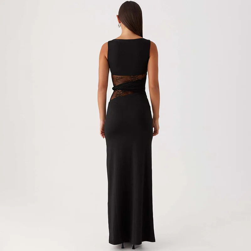 Sheer Lace O Neck Bodycon Long Tank Dress