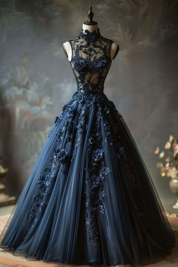 Luxury A Line Navy Blue Tulle 3D Flowers High Neck Long Evening Dress Ball Gown - VelvetHem