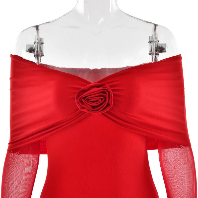 3D Flower - appliqué Mesh Long Sleeve Fishtail Maxi Dress