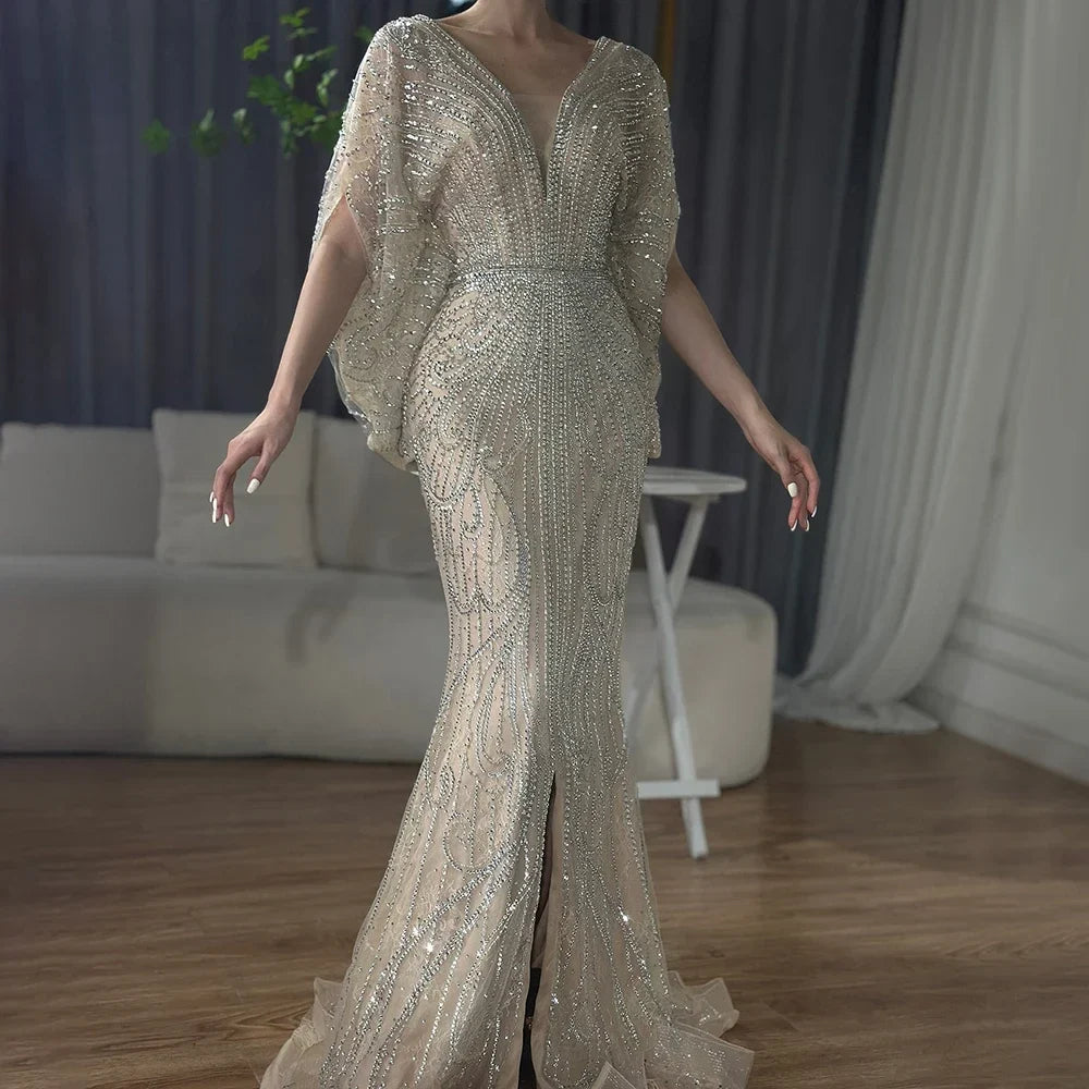Zapdress Nude V-neck Mermaid Beaded Evening Dresses 2025 Wedding Party Gowns For Women DLA72288A Customized (ZD17221)