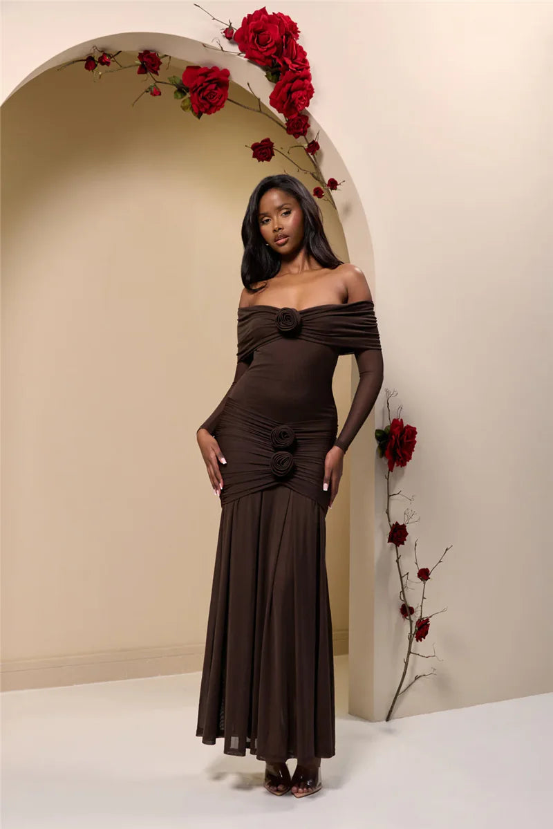 Off - shoulder Strapless Rose Long Sleeve Dress