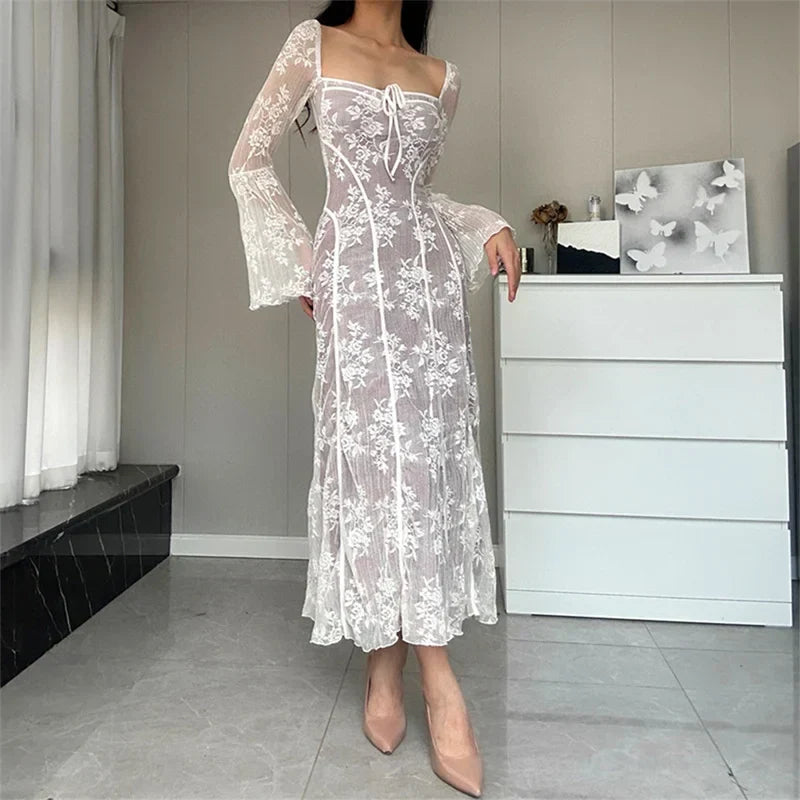 Lace Flared Sleeve A-Line Midi Dress - VelvetHem