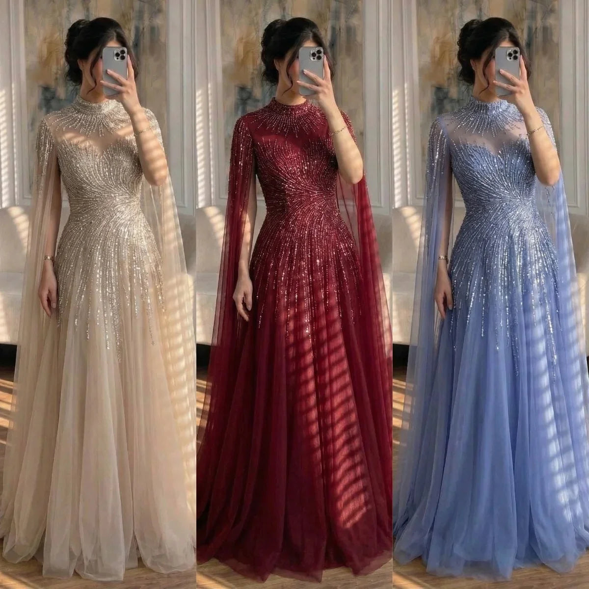 Zapdress Burgundy High Neck Cape Sleeve A-line Evening Dress Elegant Party Gown for Women 2026 Customized DLA72386A (ZD17212)
