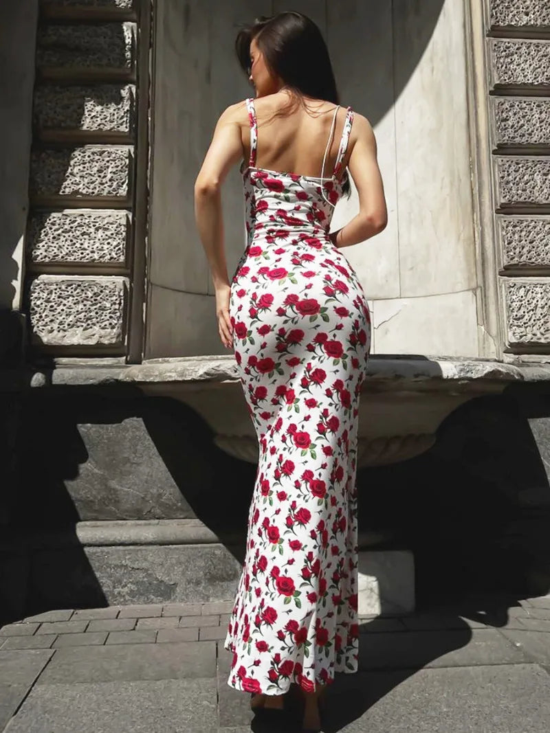 Fashion Sleeveless Bodycon Floral Dresses High Street Sexy Woman Clothes Spaghetti Strap Slim Vacation Party Long Dress
