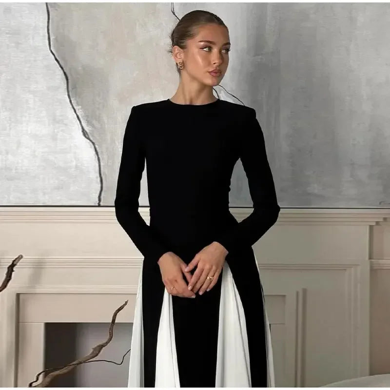 Pleated Patchwork Long Sleeve Maxi Dress