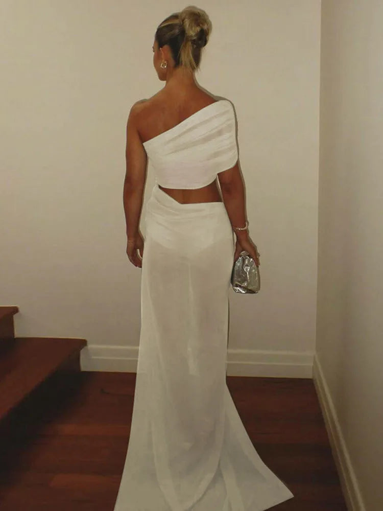 Mesh Backless One - Shoulder Long Dress