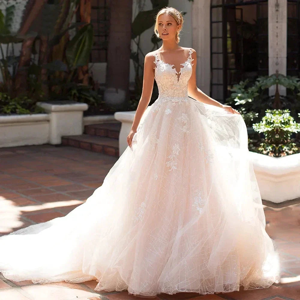 Appliques Vestido De Noiva Deep V-neck Backless Vestidos De Novia Sleeveless Wedding Dresses Lace Robe De Mariée (ZD14067)