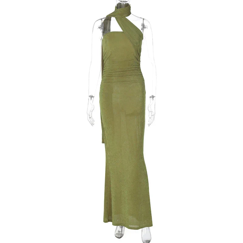 Halter Green Off - shoulder Backless Long Dress