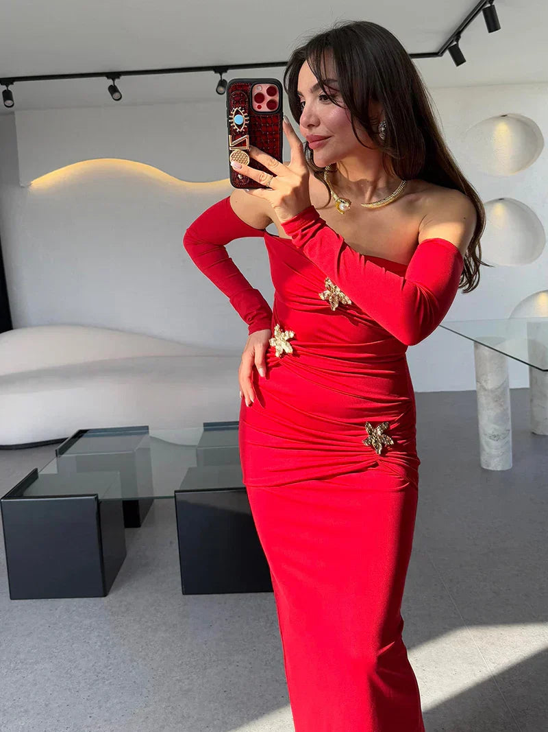 Metal Buckle Off - shoulder Backless Long Dress