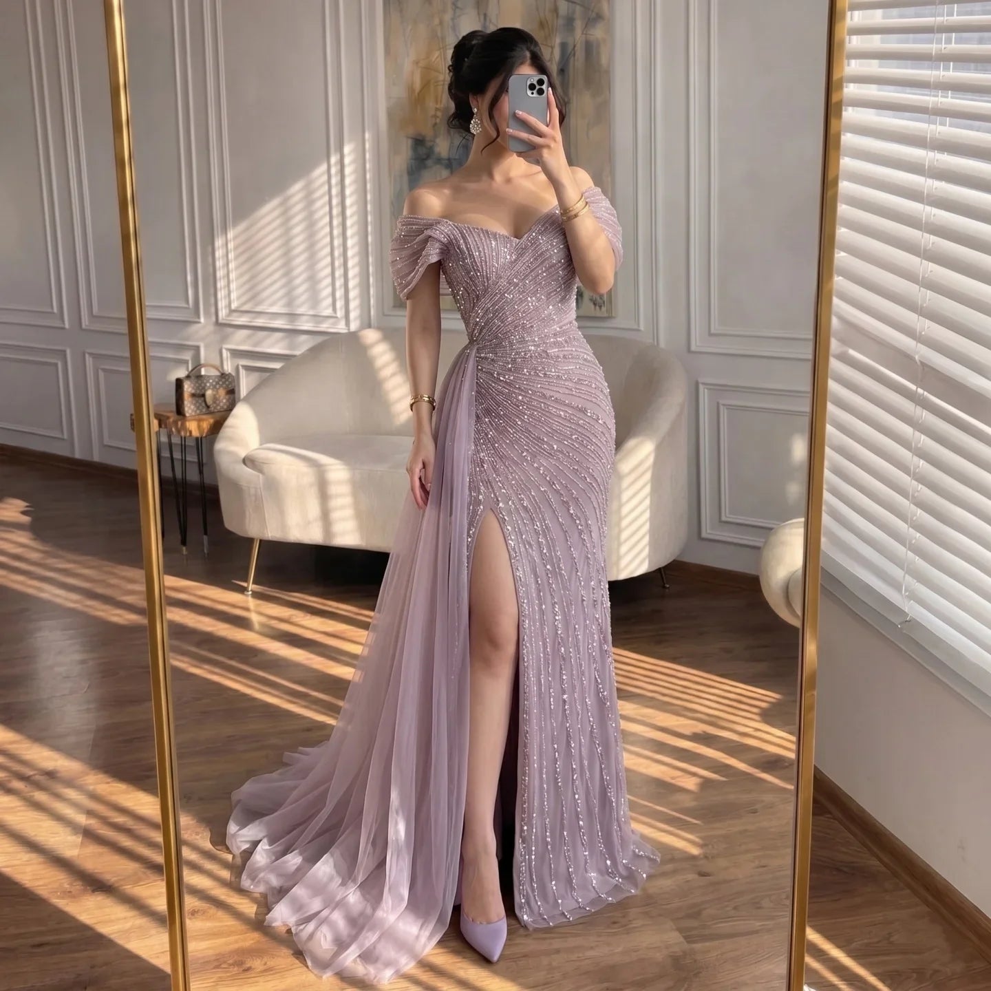 Zapdress Elegant Off Shoulder Mermaid Beaded Party Dress Luxury Split Open Evening Gown with Side Train Customized (ZD17256)