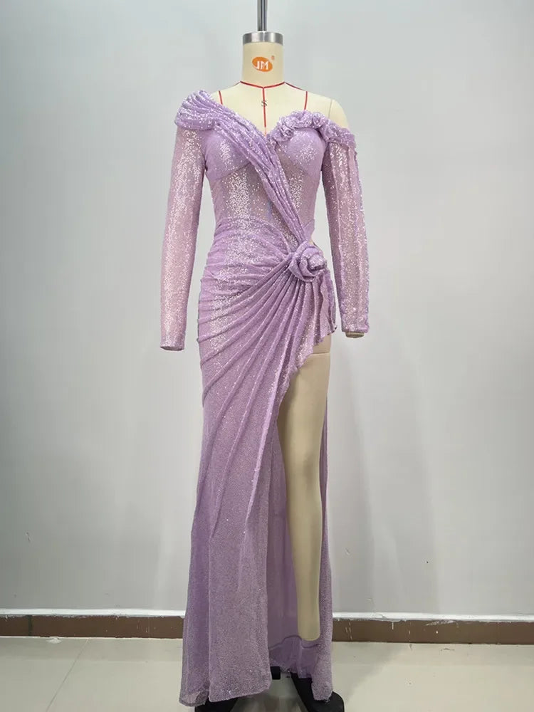 Off - Shoulder Long Sleeve Asymmetric Mesh Dress