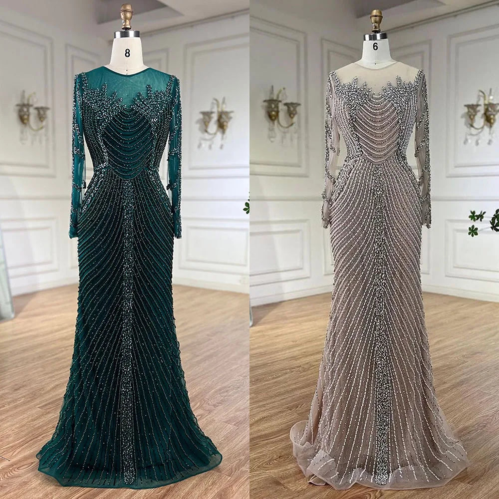 Zapdress Customized Sliver Nude Long Sleeves Pearls Beaded Luxury Evening Dresses Formal Party Gowns for Women (ZD17275)