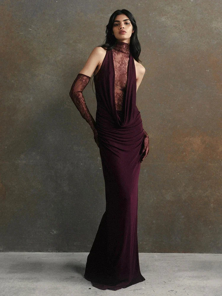 Turtleneck Pleated Gloves Backless Lace Dress - VelvetHem