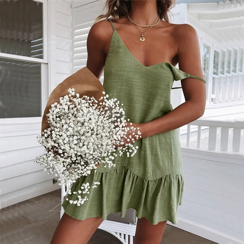 Spaghetti Strap Ruffle Cotton Linen Off Shoulder Slip Dress
